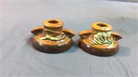 2pc Earth tone Roseville candle holders