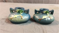 2pc blue Roseville candle holders