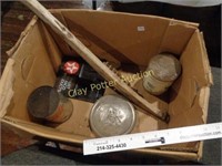 Box Lot - 2 Old Oil Cans, V8 Hubcap, Texaco