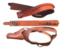 LARGE GROUP OF HOLSTERS, CARTRIDGE BELTS & MUCH