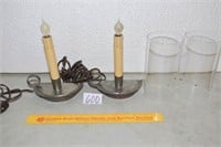Pair of Primitive Candle Holders & 2 Glass Candle