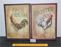 Lot of 2 Rooster Framed Canvas w/Hooks for
