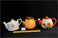 Group Lot of 3 Teapots 1 Floral Design, 1 Shaped