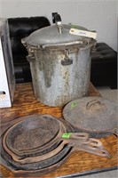 Group of Cast Iron Skillets & Pressure Canner
