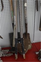 Post Hole Digger, Pick, and 3 Shovels