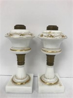 Pair early Gilt milk glass oil lamps;