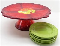 LAURIE GATES Red Pedestal Platter & (6) Lime Green