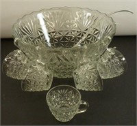 ** Glass Punch Bowl w/ 5 Glasses & Plastic Ladle