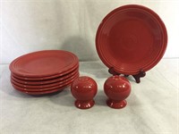 Set of 7 Red Fiestaware 7.5" Salad Plates and Salt