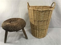 Tall Wicker Basket and Wicker Stool/ Plant Stand