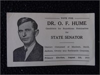 Vintage 1939 Kentucky Senator Campaign Card