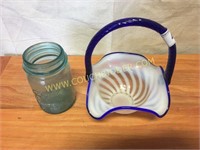 Fenton white opalescent swirl cobalt rim basket