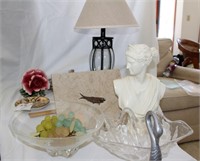 Lamp, fossil, serving trays and misc.