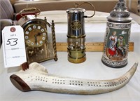 Clock, lantern, cribbage antler, stine
