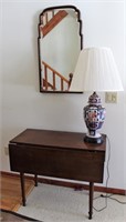 Drop leaf table, mirror and two oriental lamps