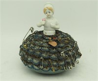 Porcelain Pin Cushion Doll Blue Base Germany