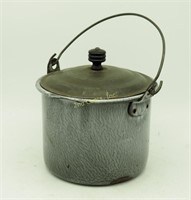 Small Metal Enamel Pot Bucket W/ Lid 4" Grey