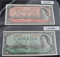 CAD 1954 $1  & $2 Banknotes