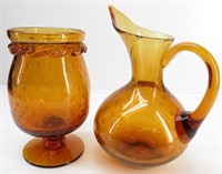 Heavy Hand Blown Amber Seed Glass Pitcher & Vase