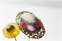 2 HATPINS 1. HAND PAINTED PROCELAIN, 2. - GLASS