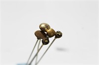 5 HATPINS - VICTORIAN ROLLED GOLD, BRASS, OR GOLD