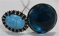 2 HATPINS 1. TURQUOISE COLOR ON BRASS FILAGREE,