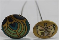 2 HATPINS 1. GOLD PAINTED BUTTERFLY, 2. - PAINTED