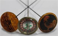 3 HATPINS 1. ROULETTE WHEEL, 2. - AMBER GLASS,