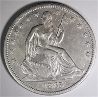 1865-S SEATED HALF DOLLAR, AU RARE CIVIL WAR DATE