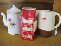Lot: coffee pot, pitcher, coffee bag