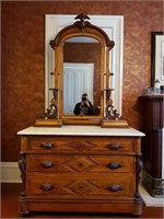 STUNNING 1800'S MARBLE TOP DRESSER- CARVED PULLS