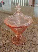KT- Etched Pink Depression Glass Lidded Candy Dish