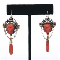Coral Cameo Earrings, Antique in Ornate 14K Gold