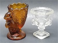 Two Figural Glass Toothpick Holders, Amber Bunny