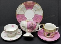 Three Pink Luster & Floral Cup & Saucer Sets