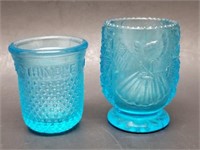 Pair of Blue Opalescent Glass Toothpick Holders