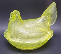 Large 7" Vaseline Glass Hen on Nest