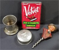 Velvet Tobacco Tin, Corkscrew & Travel Shot Glass