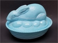 7" Westmoreland Blue Slag Glass Rabbit on Nest