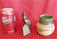 Vintage Hand Carved Eagle & Clay Vase w/Small Chip