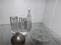 5 Candle Holders, Bottles & Vase In Glass Pattern