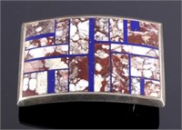 Navajo Inlaid Mosiac Sterling Belt Buckle Signed