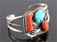 Signed Navajo Sterling Silver Turquoise Coral Cuff