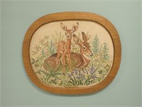 Mid Century Doe & Bambi Framed Cross Stitch