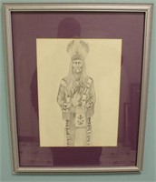 Original Unsigned Pencil Drawing American Indian