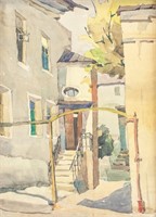 Watercolor on Paper Town Scene Unknown Artist