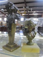 2X$ Bronze Hatted Ladies Bust On Alabaster Bases