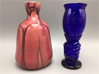 Art pottery and cobalt blue hand vase