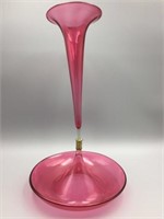 Cranberry glass trumpet vase and Bowl