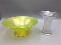 Fenton Vaseline stretch bowl and Imperial vase